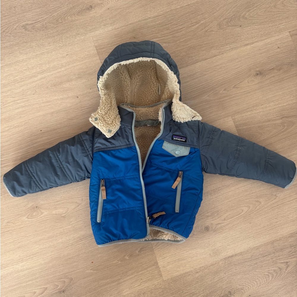 Patagonia Blue and Gray Reversible Tribble Fleece-Lined Jacket w/ removable hood
